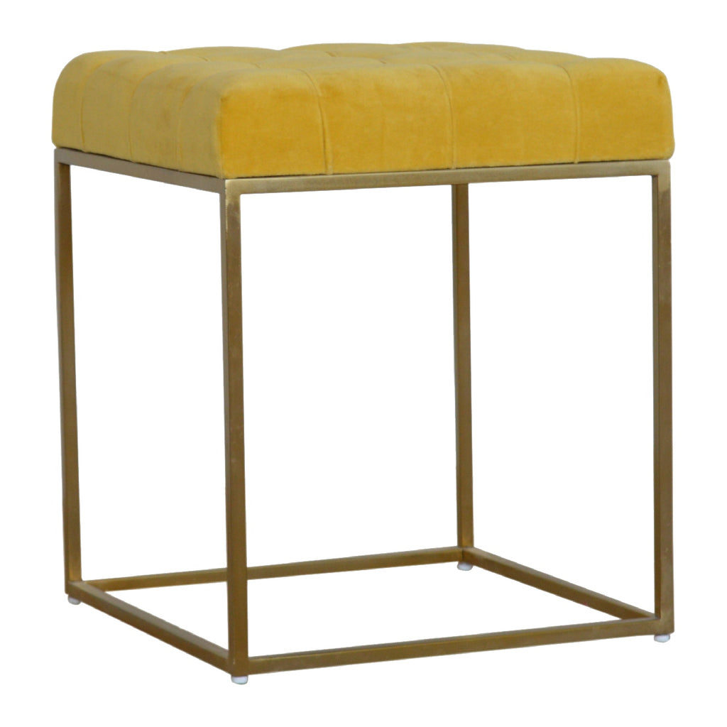 Mustard Velvet Footstool with Gold Base - Saffron Home & Interiors Footstool Mustard Velvet Footstool with Gold Base