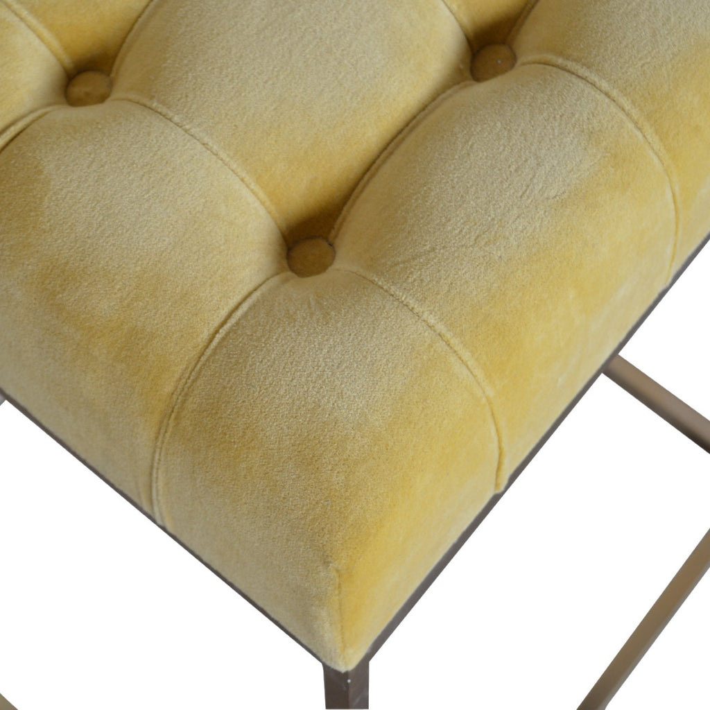 Mustard Velvet Footstool with Gold Base - Saffron Home & Interiors Footstool Mustard Velvet Footstool with Gold Base