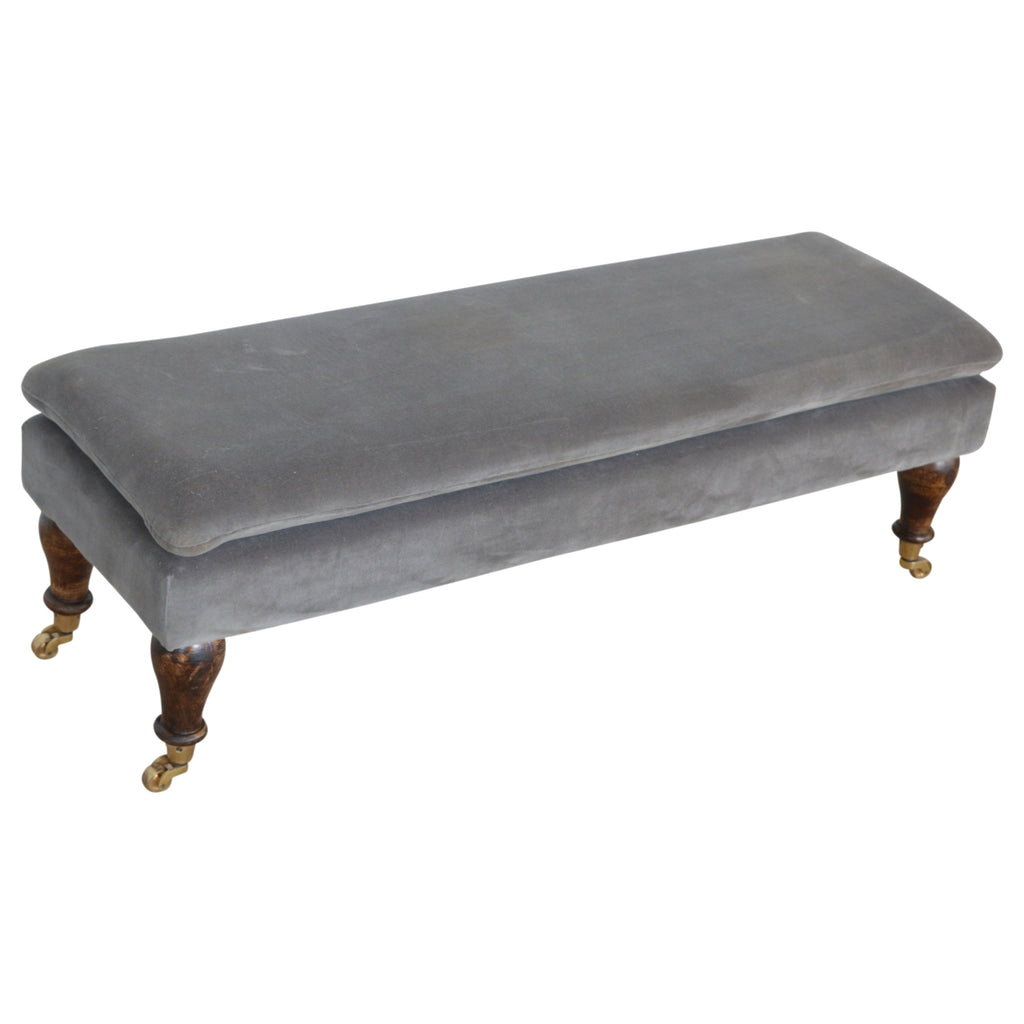 Grey Velvet Bench with Castor Feet - Saffron Home Bench Grey Velvet Bench with Castor Feet