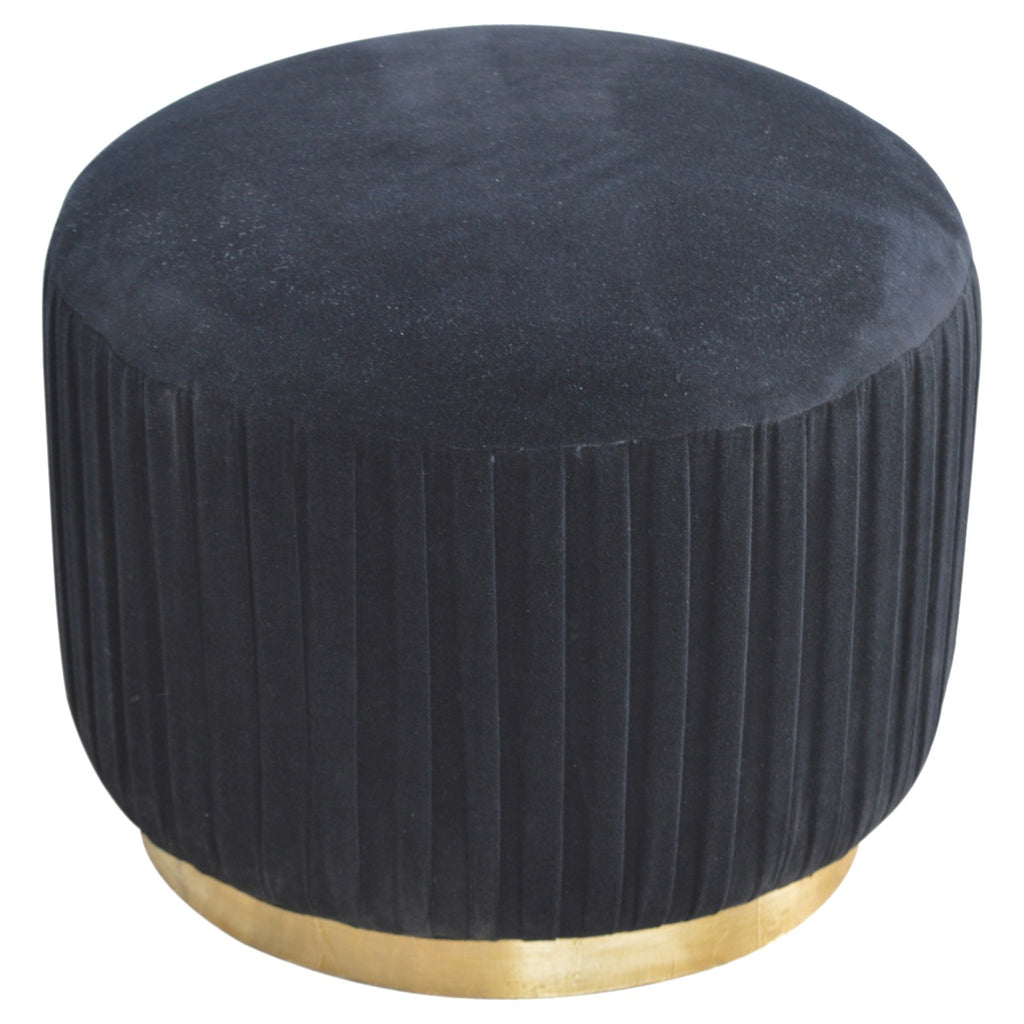Black Cotton Velvet Pleated Footstool with Gold Base - Saffron Home Footstool Black Cotton Velvet Pleated Footstool with Gold Base