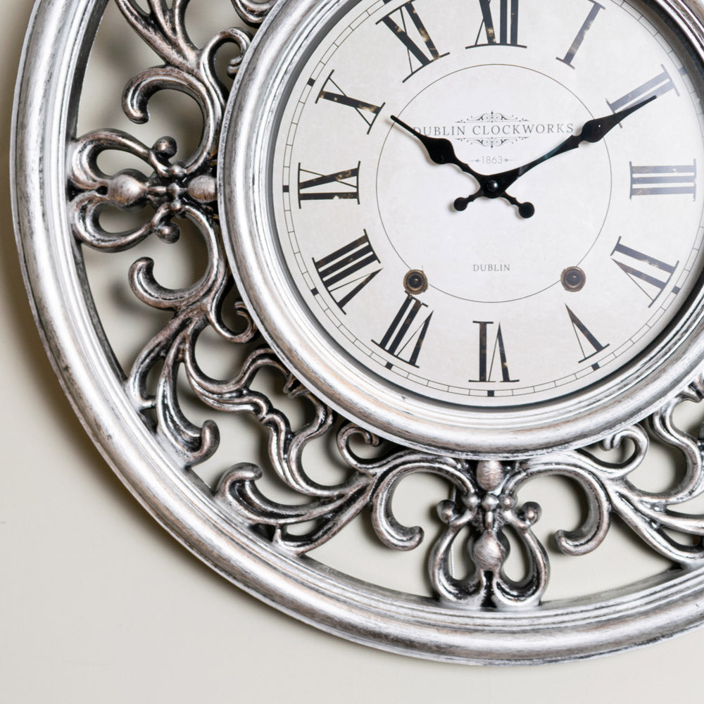 Ornate Clock 65cm Antique Silver Saffron Home