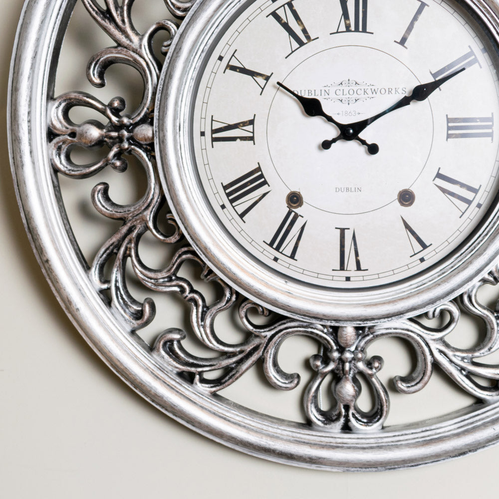 Ornate Clock 65cm Antique Silver - Saffron Home WALL CLOCK Ornate Clock 65cm Antique Silver