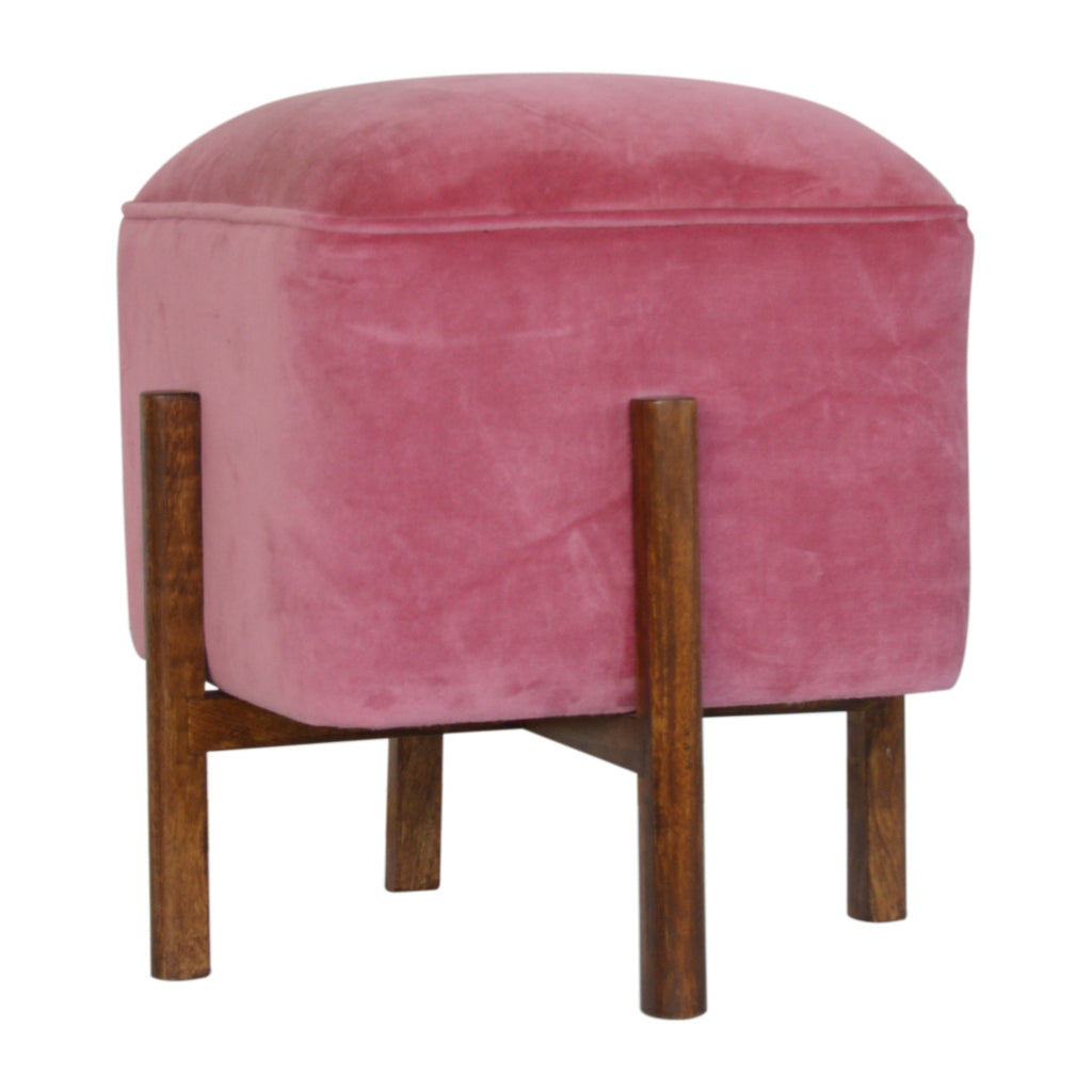Pink Velvet Footstool with Solid Wood Legs - Saffron Home Footstool Pink Velvet Footstool with Solid Wood Legs