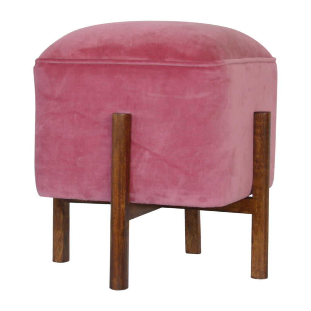 Pink Velvet Footstool with Solid Wood Legs - Saffron Home Footstool Pink Velvet Footstool with Solid Wood Legs