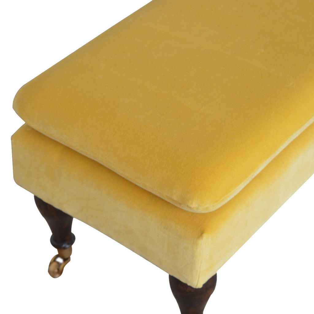 Mustard Velvet Bench with Castor Legs - Saffron Home Bench Mustard Velvet Bench with Castor Legs