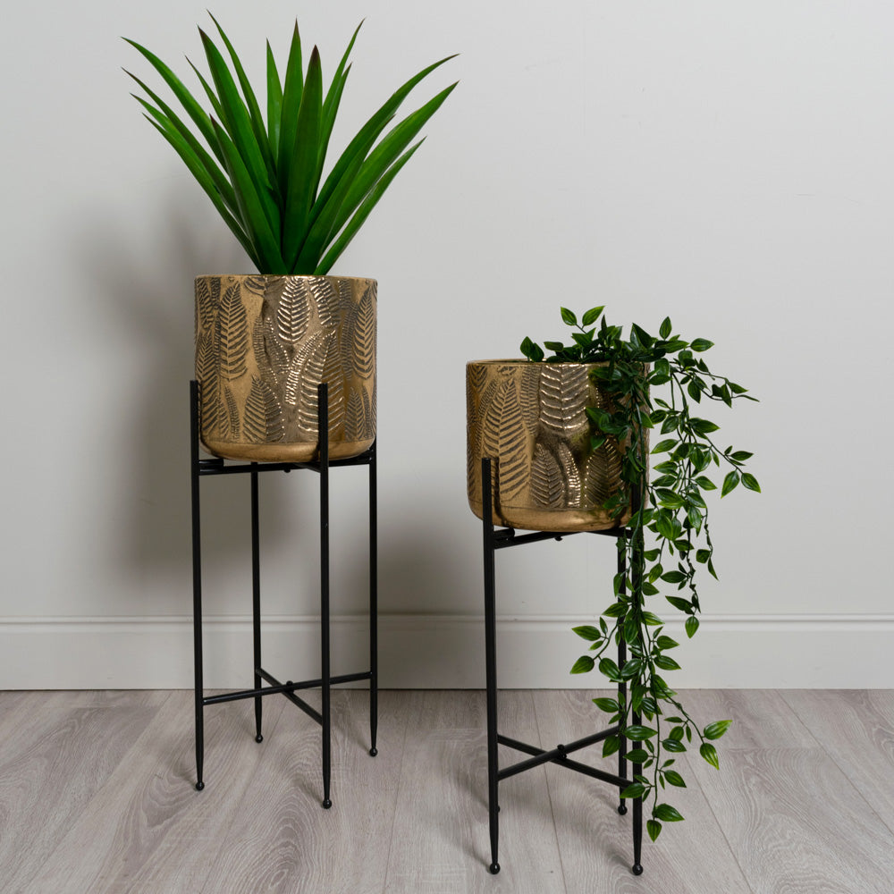 Azure S/2 Leaf Planters With Stand Gold - Saffron Home PLANT STAND Azure S/2 Leaf Planters With Stand Gold