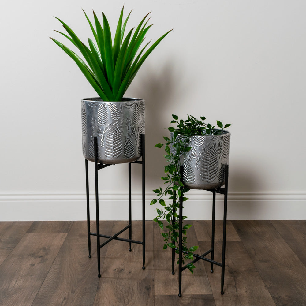 Azure S/2 Leaf Planters With Stand Silver - Saffron Home PLANT STAND Azure S/2 Leaf Planters With Stand Silver
