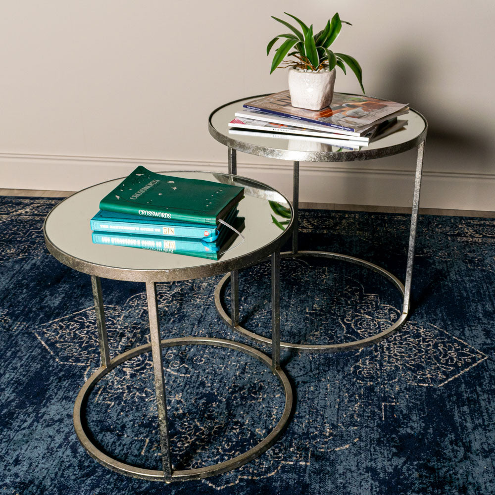 Avery S/2 Side Tables Round Mirrored Silver - Saffron Home SIDE TABLE Avery S/2 Side Tables Round Mirrored Silver