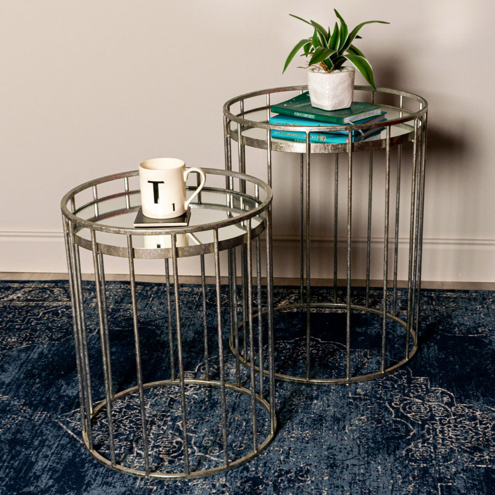 Cage S/2 Side Tables Round Mirrored Silver - Saffron Home SIDE TABLE Cage S/2 Side Tables Round Mirrored Silver
