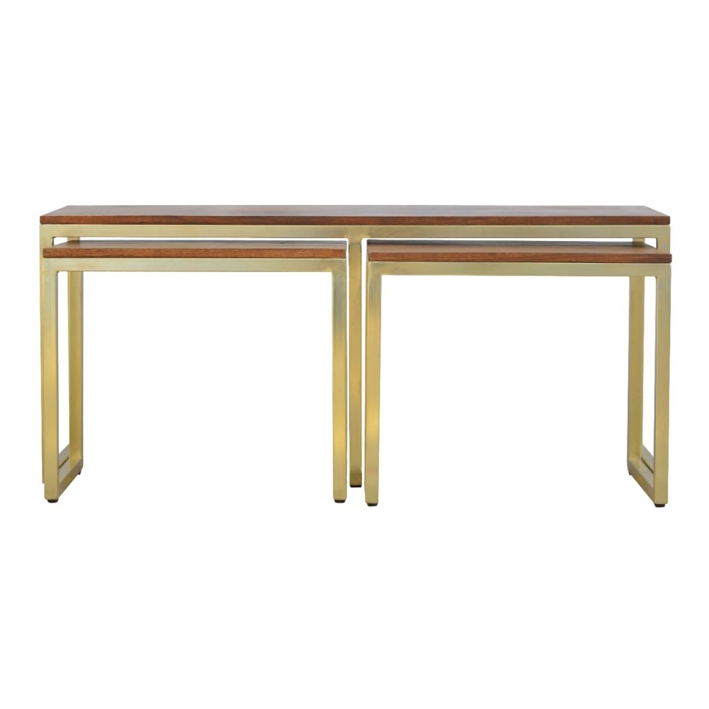 Solid Wood & Iron Gold Base Table Set of 3 - Saffron Home Nest of tables Solid Wood & Iron Gold Base Table Set of 3