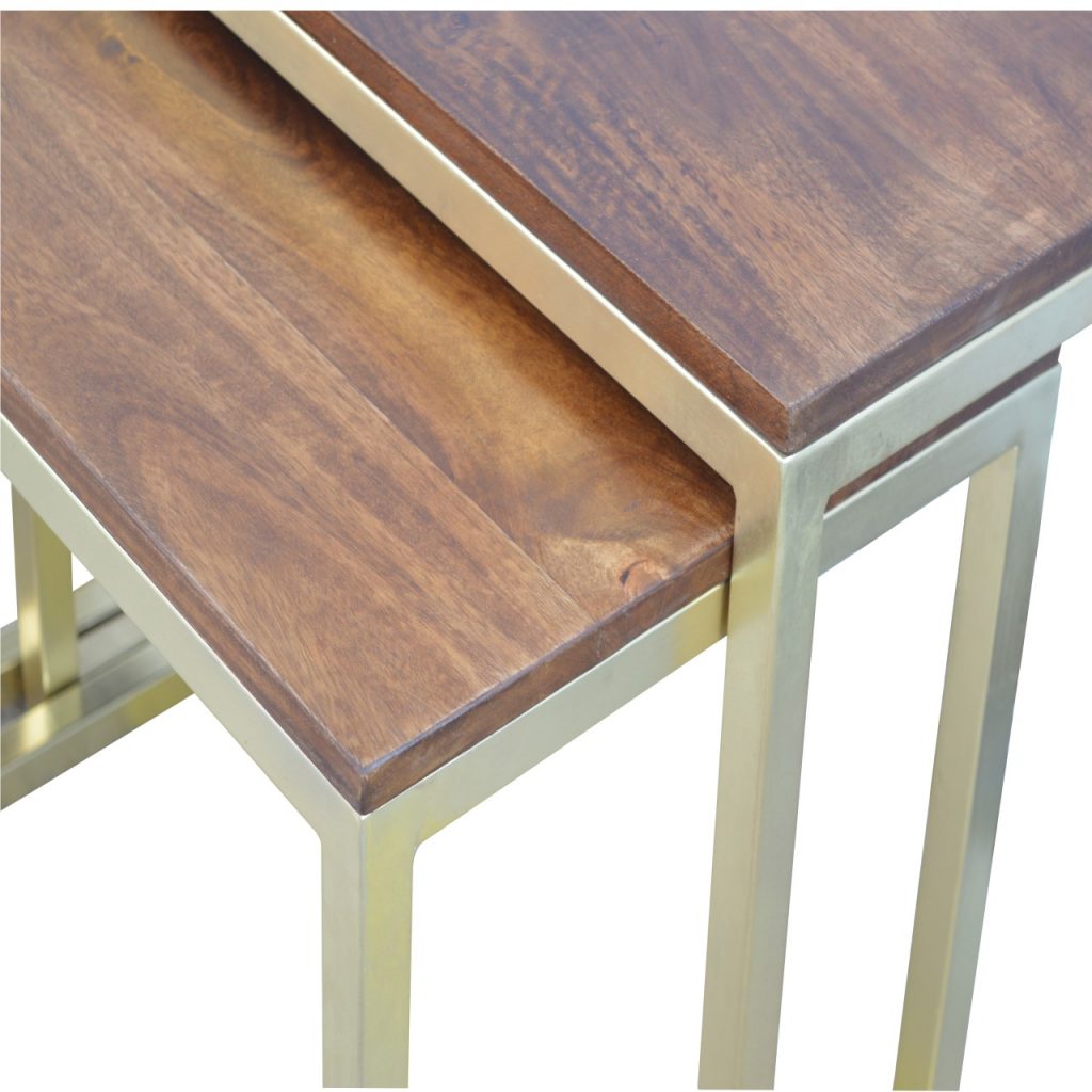 Solid Wood & Iron Gold Base Table Set of 3 - Saffron Home Nest of tables Solid Wood & Iron Gold Base Table Set of 3