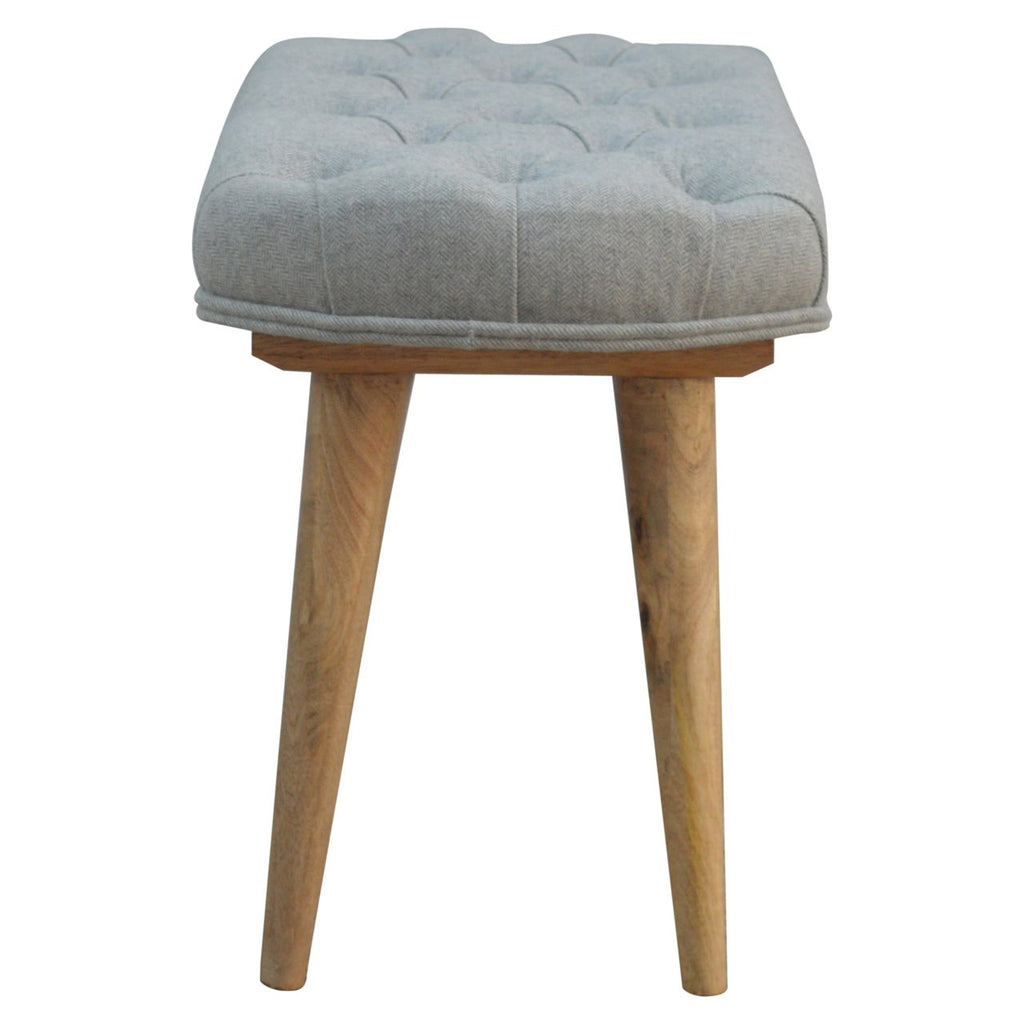 Nordic Style Bench with Deep Buttoned Grey Tweed Top - Saffron Home Nordic Style Bench with Deep Buttoned Grey Tweed Top